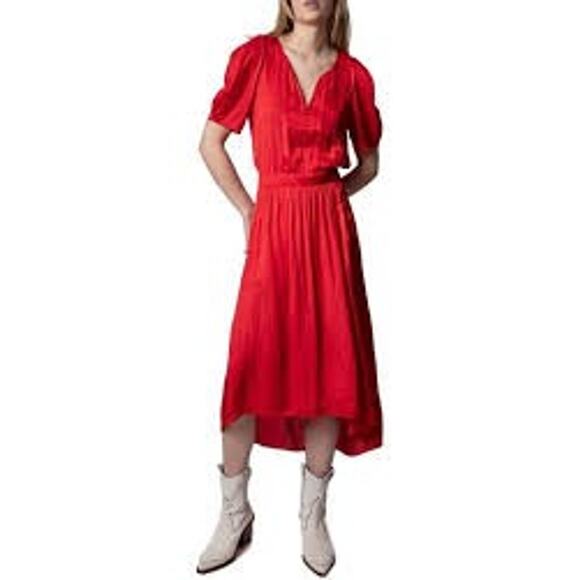 Zadig & Voltaire NWOT Ridge Satin Short Sleeve High Low V Neck Red Dress XSmall - Picture 1 of 6
